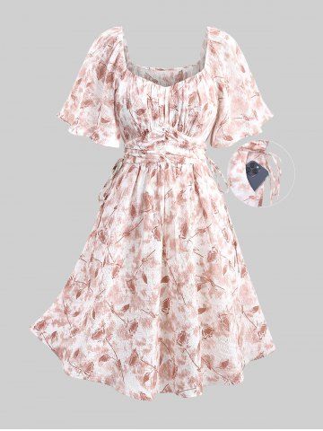 Plus Size Tie Dye Flowers Leaf Print Ruched Cinched Pockets Milkmaid Dress - LIGHT PINK - L | US 12