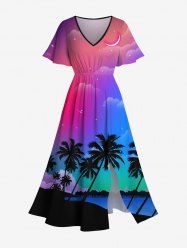 Plus Size Coconut Tree Moon Pattern Ombre Print Split Hawaii Dress -  