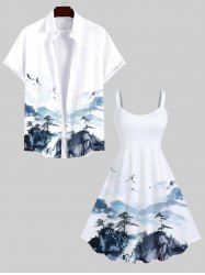 Ink Painting Crane Mountain Print Plus Size Matching Set For Couples -  