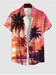 Chemise Boutonnée Imprimé Cocotier Derrière la Plage Grande Taille avec Poche - Rouge XL