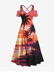 Plus Size Cold Shoulder Coconut Tree Sea Beach Dusk Print Hawaii Crisscross A Line Dress -  