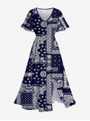 Plus Size Paisley Scarf Graphic Print Split Pocket A Line Dress -  