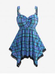 Plus Size Plaid Skulls Print Lace Trim Twist Cut Out Asymmetrical Tank Top -  
