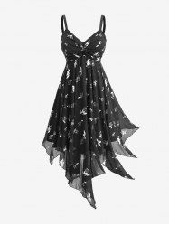 Robe Asymétrique Ligne A à Bretelle Ajustable Fleurie Imprimée de Grande Taille à Lacets - Noir 5x | US 30-32