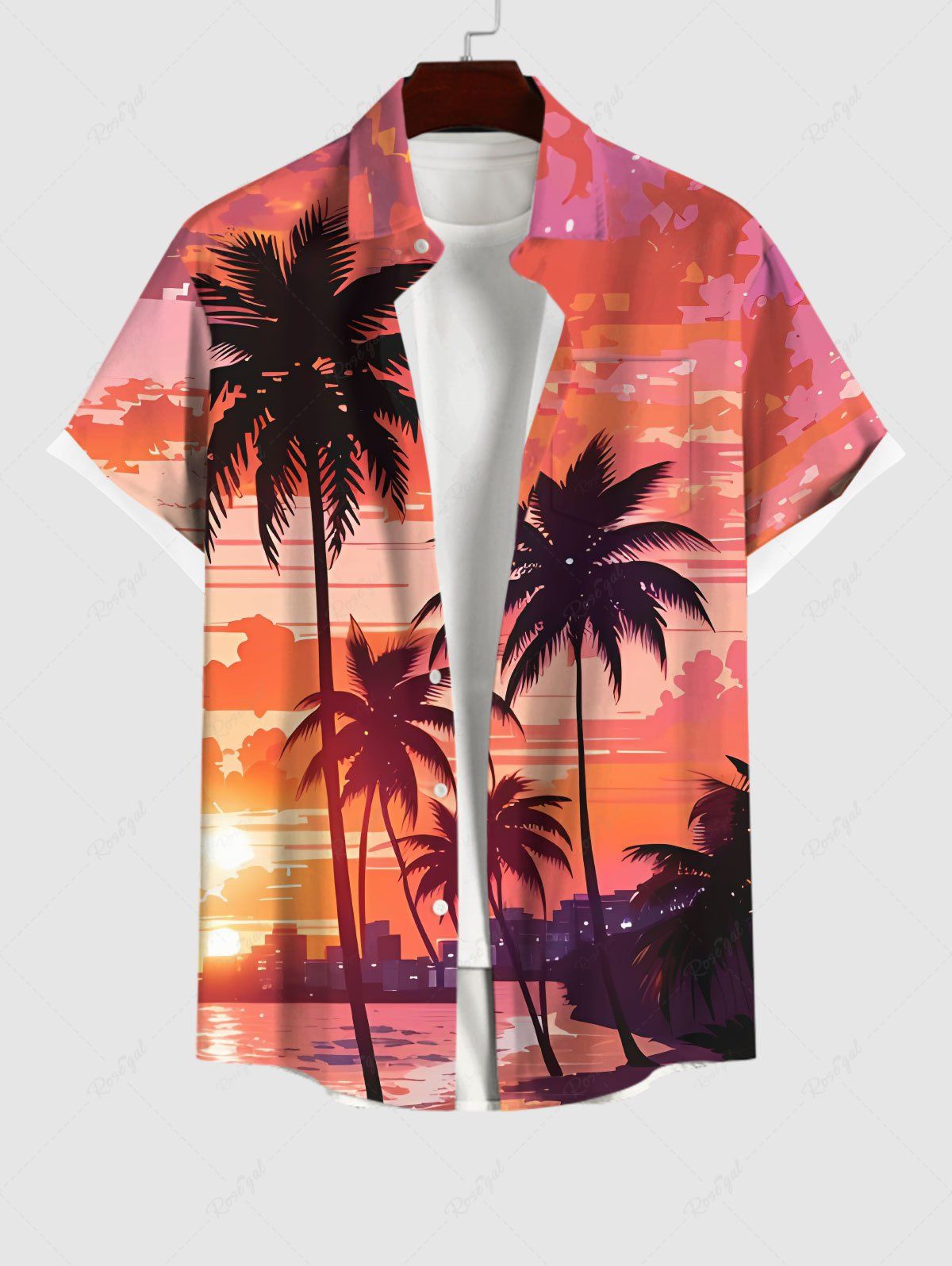 Chemise Boutonnée Imprimé Cocotier Derrière la Plage Grande Taille avec Poche Rouge XL