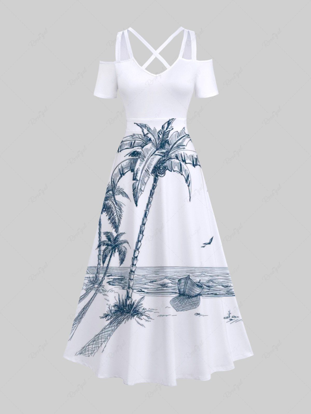 Robe Mi-longue Croisée Oiseau Arbre Noix de Coco Océan Imprimé de Grande Taille Blanc XXS