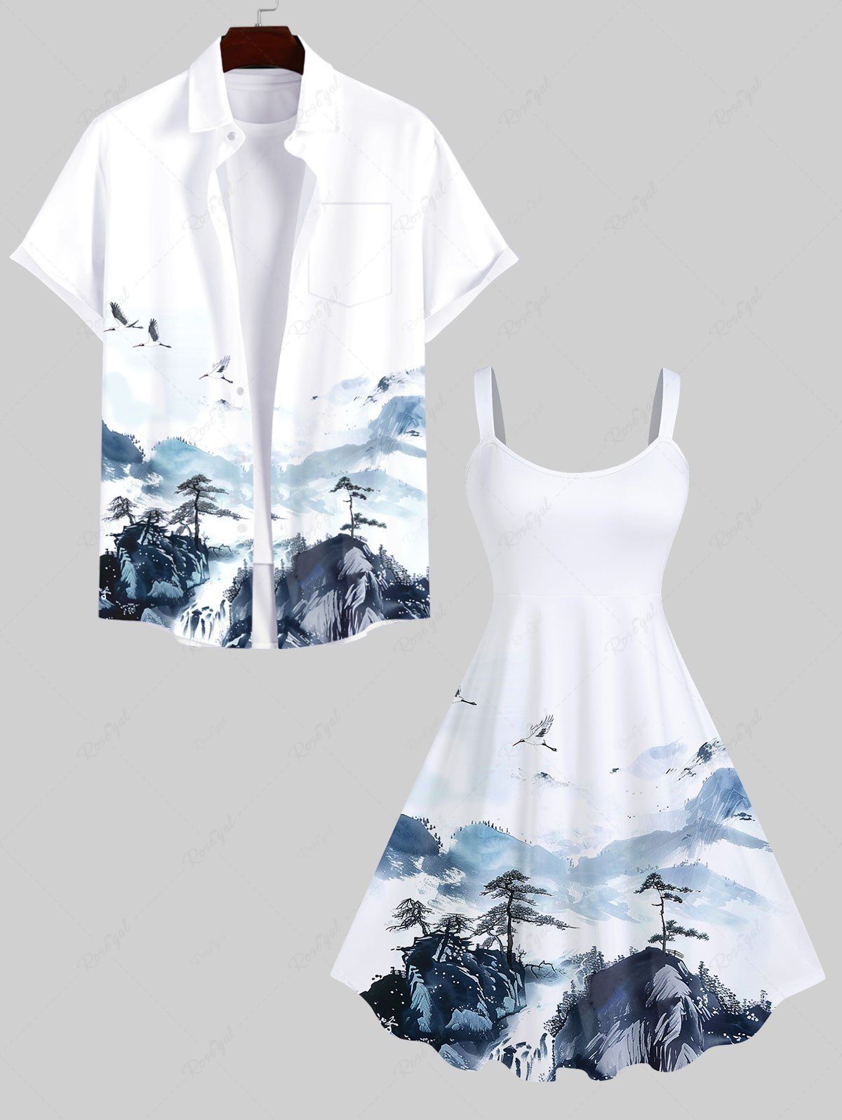 Trendy Ink Painting Crane Mountain Print Plus Size Matching Set For Couples  