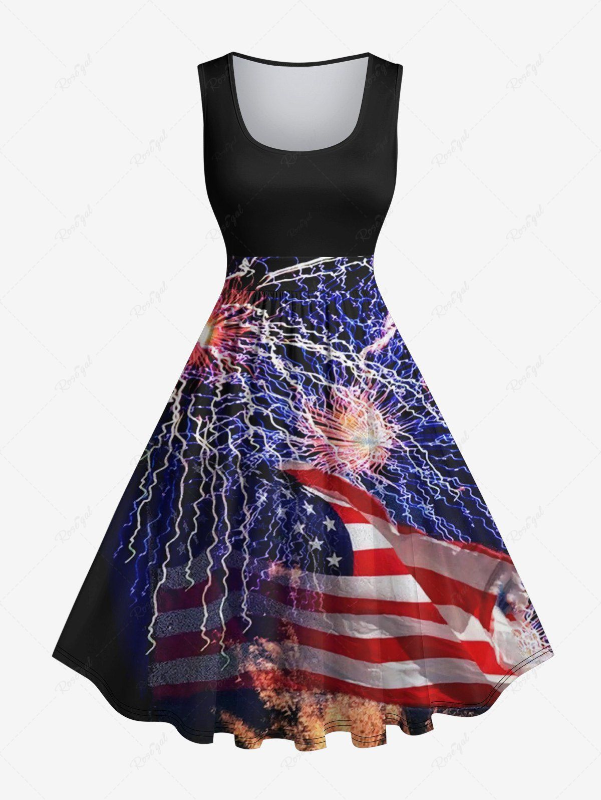 Outfits Plus Size Patriotic American Flag Firework Print 1950s Vintage Dress  