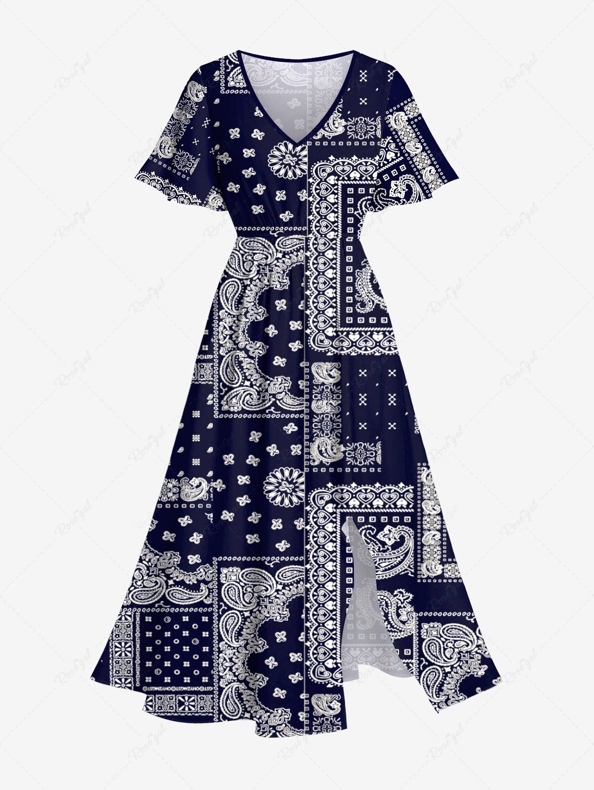 Trendy Plus Size Paisley Scarf Graphic Print Split Pocket A Line Dress  