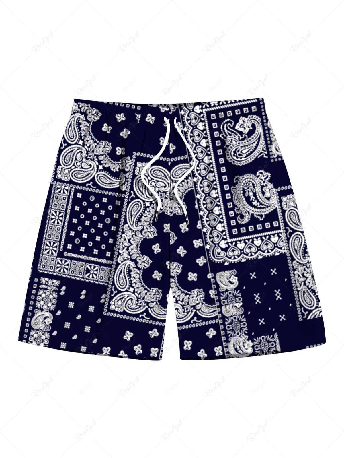 Sale Plus Size Paisley Scarf Graphic Print Drawstring Beach Shorts For Men  