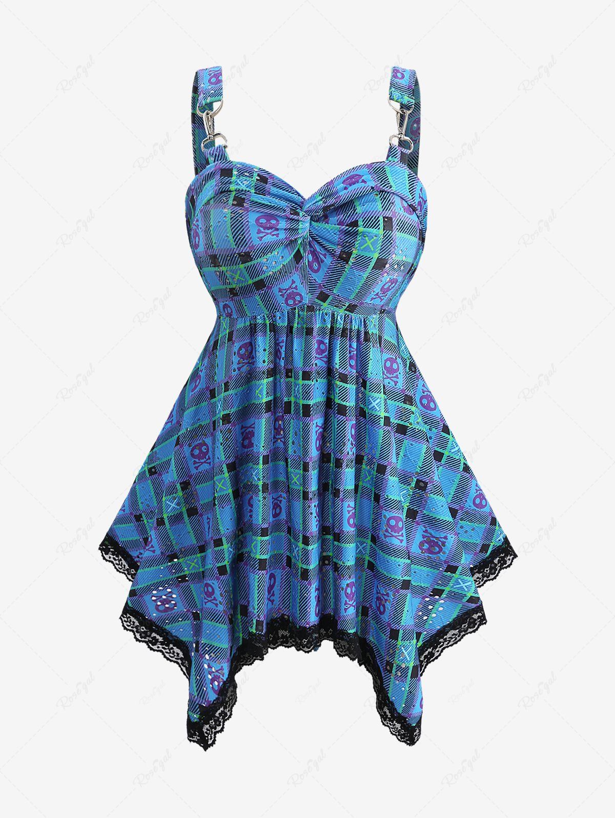 Shops Plus Size Plaid Skulls Print Lace Trim Twist Cut Out Asymmetrical Tank Top  