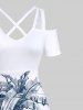 Plus Size Coconut Tree Sea Boat Bird Print Crisscross Cold Shoulder Hawaii Midi Dress -  
