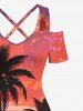 Robe Couverte de Plage Croisée Arbre Noix de Coco et Mer Imprimés à Epaule Dénudée de Grande Taille - Rouge 1X