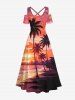 Robe Couverte de Plage Croisée Arbre Noix de Coco et Mer Imprimés à Epaule Dénudée de Grande Taille - Rouge 5X