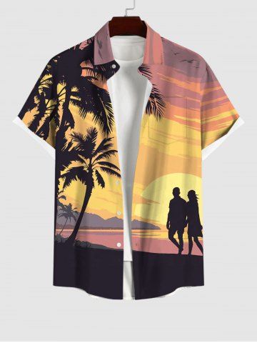 Plus Size Coconut Tree Sunset Mountain Couples Print Buttons Pocket Hawaii Shirt For Men - YELLOW - 3XL