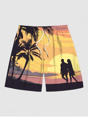 Plus Size Coconut Tree Sunset Mountain Couple Print Hawaii Beach Shorts For Men - YELLOW - 3XL