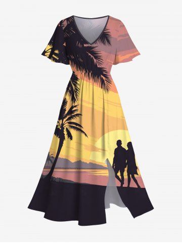 Plus Size Coconut Tree Sunset Mountain Couples Print Split Hawaii Dress - YELLOW - 1X