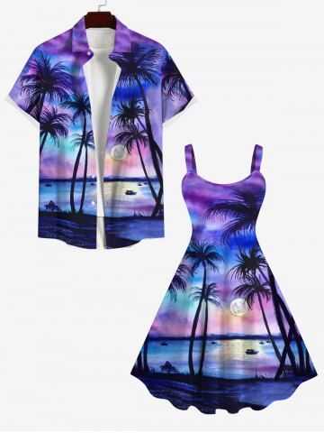 Full Moon Coconut Tree Ombre Print Plus Size Matching Hawaii Beach Outfit For Couples - MULTI-A