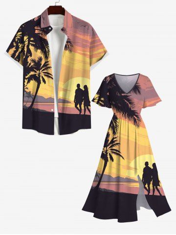 Coconut Tree Sunset Mountain Print Plus Size Matching Hawaii Beach Outfit For Couples - YELLOW