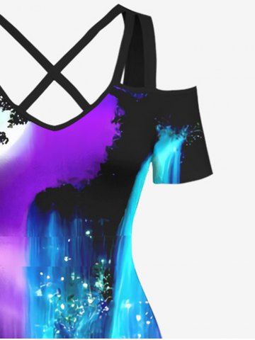 Plus Size Cold Shoulder Colorful Glitter Ombre Fall Mountain Tree Butterfly Moon Galaxy Print Crisscross Maxi Dress