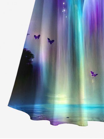 Plus Size Cold Shoulder Colorful Glitter Ombre Fall Mountain Tree Butterfly Moon Galaxy Print Crisscross Maxi Dress