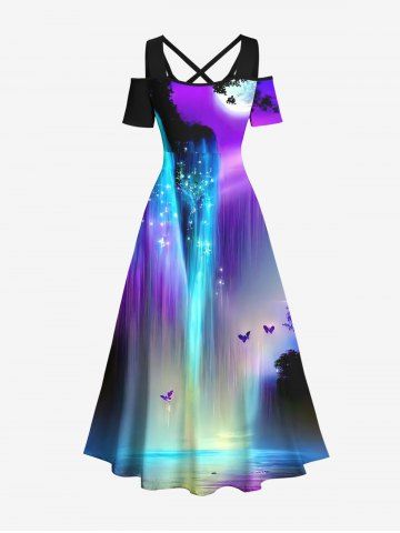Plus Size Cold Shoulder Colorful Glitter Ombre Fall Mountain Tree Butterfly Moon Galaxy Print Crisscross Maxi Dress