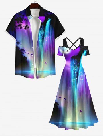 Plus Size Cold Shoulder Colorful Glitter Ombre Fall Mountain Tree Butterfly Moon Galaxy Print Crisscross Maxi Dress