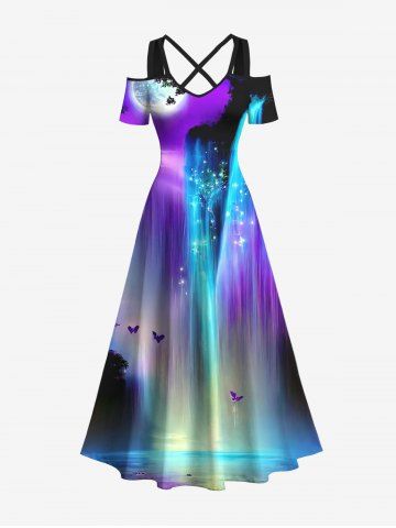 Plus Size Cold Shoulder Colorful Glitter Ombre Fall Mountain Tree Butterfly Moon Galaxy Print Hawaii Crisscross A Line Dress - MULTI-A - 3X