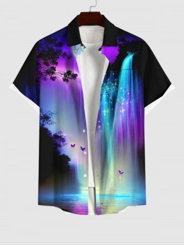 Plus Size Colorful Glitter Ombre Fall Mountain Tree Butterfly Moon Galaxy Print Hawaii Button Pocket Shirt For Men - MULTI-A - 2XL