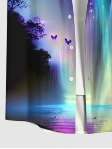 Plus Size Colorful Glitter Ombre Fall Mountain Tree Butterfly Moon Galaxy Print Hawaii Button Pocket Shirt For Men