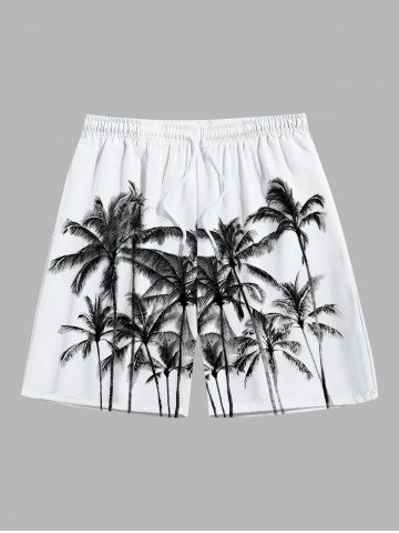 Short de Plage Hawaïen Arbre Noix de Coco Peinture D'Encre Imprimés avec Poche pour Homme - WHITE - 4XL