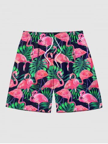 Men's Palm Leaf Flamingo Print Pocket Hawaii Beach Shorts - BLACK - L