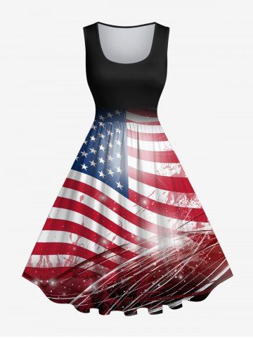 Plus Size Patriotic American Flag Paint Splatter Glitter 3D Print 1950s Vintage Dress - MULTI-A - 2X