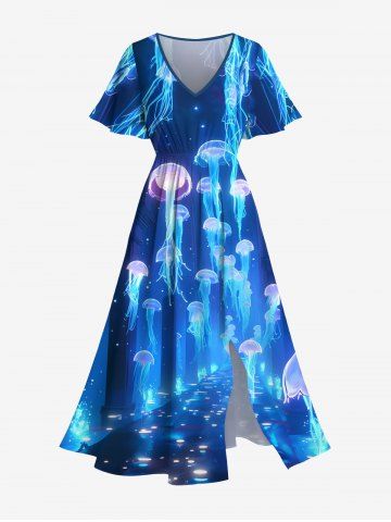 Plus Size Glitter Sailor Ombre Seabed Print Hawaii Sea Creatures Split Pocket A Line Dress - SKY BLUE - L