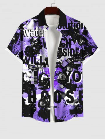 Plus Size Letters Tie Dye Print Button Pocket Shirt For Men - PURPLE - M