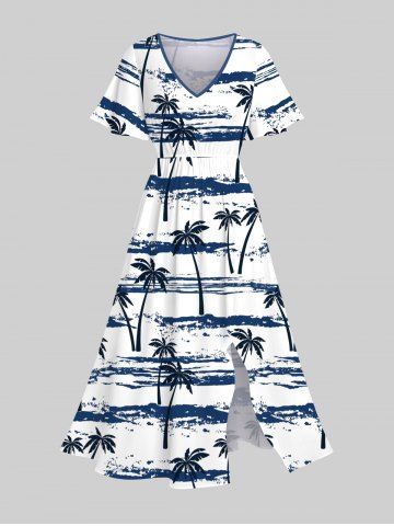 Plus Size Coconut Tree Sea Tie Dye Print Split Hawaii Dress - WHITE - XS