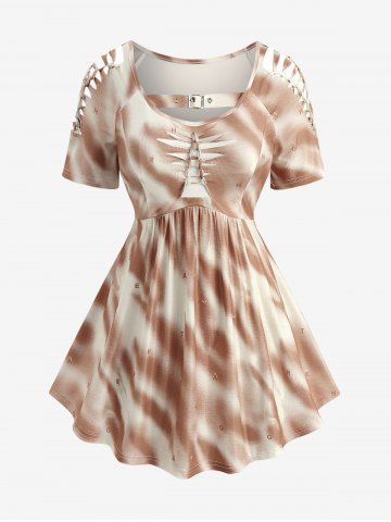 Plus Size Letters Printed Ripped Braided Strap Buckle Grommet Ombre Top - COFFEE - M | US 10
