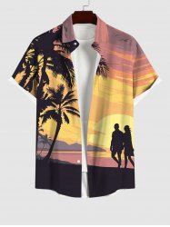 Plus Size Coconut Tree Sunset Mountain Couples Print Buttons Pocket Hawaii Shirt For Men -  