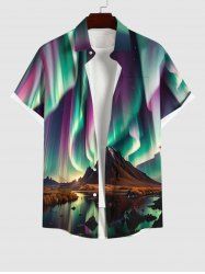Plus Size Lake Mountain Ombre Aurora Glitter 3D Print Buttons Pocket Shirt For Men -  