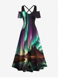 Plus Size Lake Mountain Ombre Aurora Glitter 3D Print Crisscross Cold Shoulder Dress -  