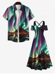 Costume Grande Taille Ombre à Motif Lac Montagne Brillantes 3D pour Couples - Noir 