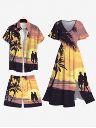 Coconut Tree Sunset Mountain Print Plus Size Matching Hawaii Beach Outfit For Couples -  