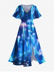 Plus Size Glitter Sailor Ombre Seabed Print Hawaii Sea Creatures Split Pocket A Line Dress -  