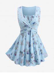 Plus Size Ombre Colorful Maple Leaf Print Braided Panel Lettuce Hem Ruffles Ruched Tank Top -  