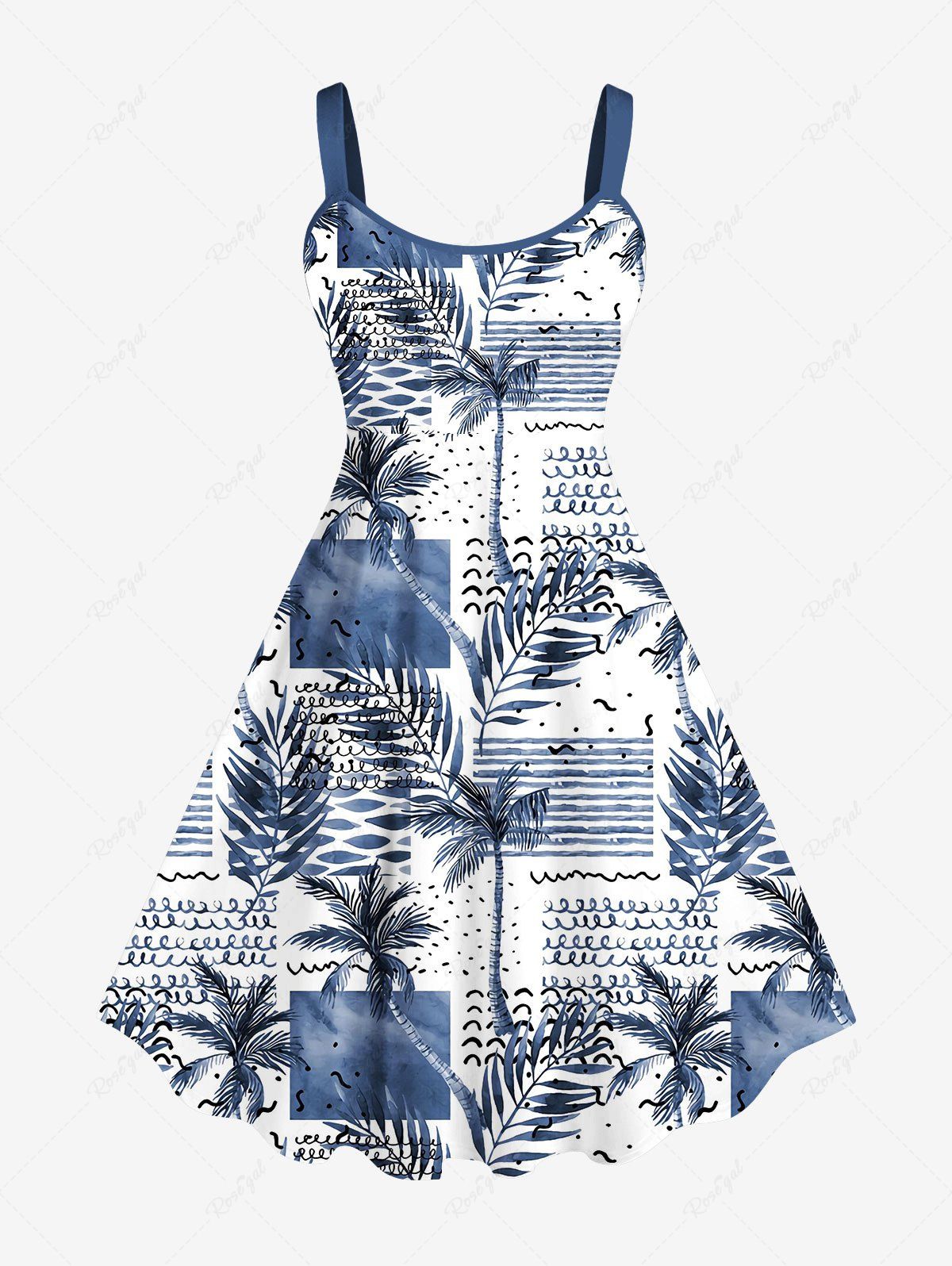 Best Plus Size Coconut Tree Colorblock Scarf Graphic Print Hawaii Backless A Line Tank Dress  