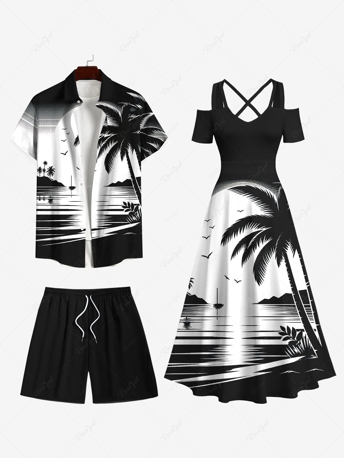 Buy Ink Painting Coconut Tree Sun Sea Bird Print Plus Size Matching Hawaii Beach Outfit For Couples  