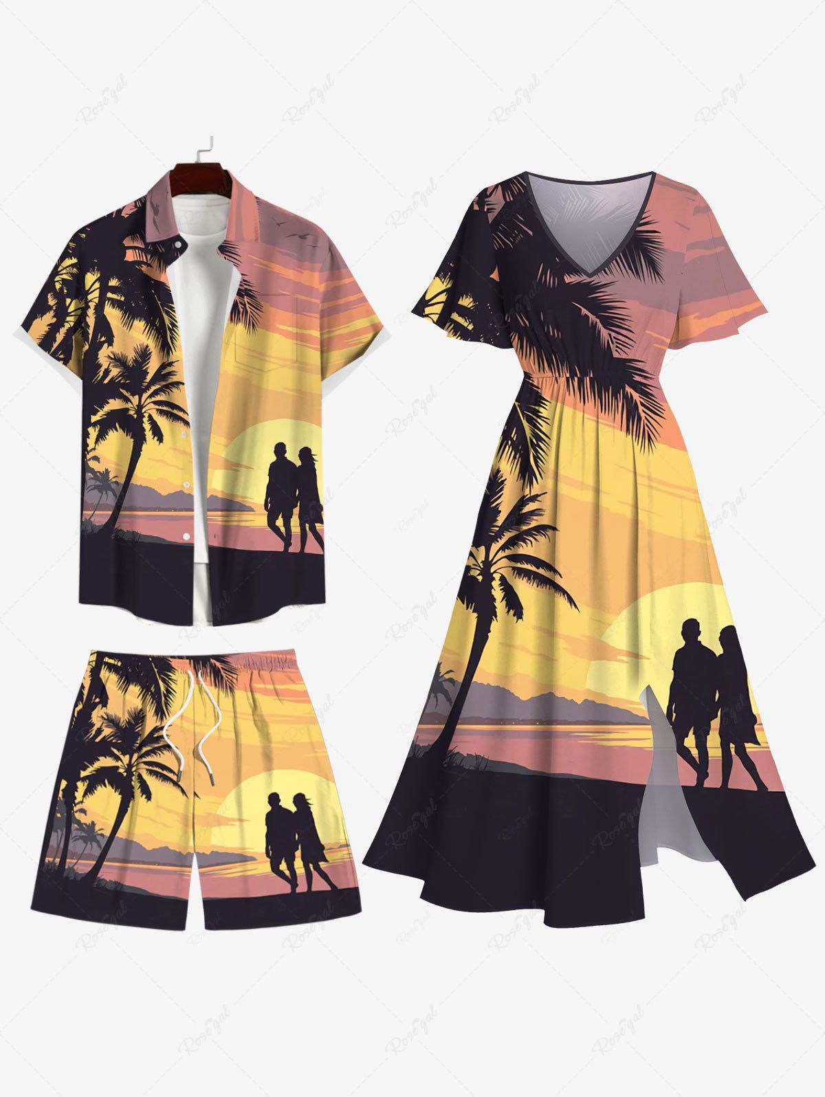 Chic Coconut Tree Sunset Mountain Print Plus Size Matching Hawaii Beach Outfit For Couples  