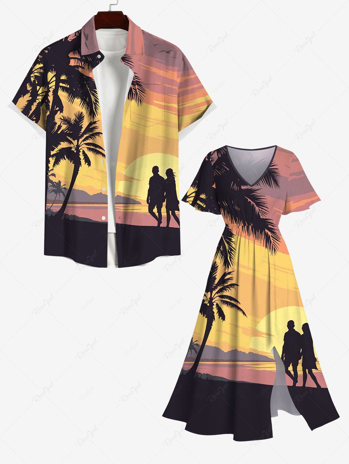 Discount Coconut Tree Sunset Mountain Print Plus Size Matching Hawaii Beach Outfit For Couples  