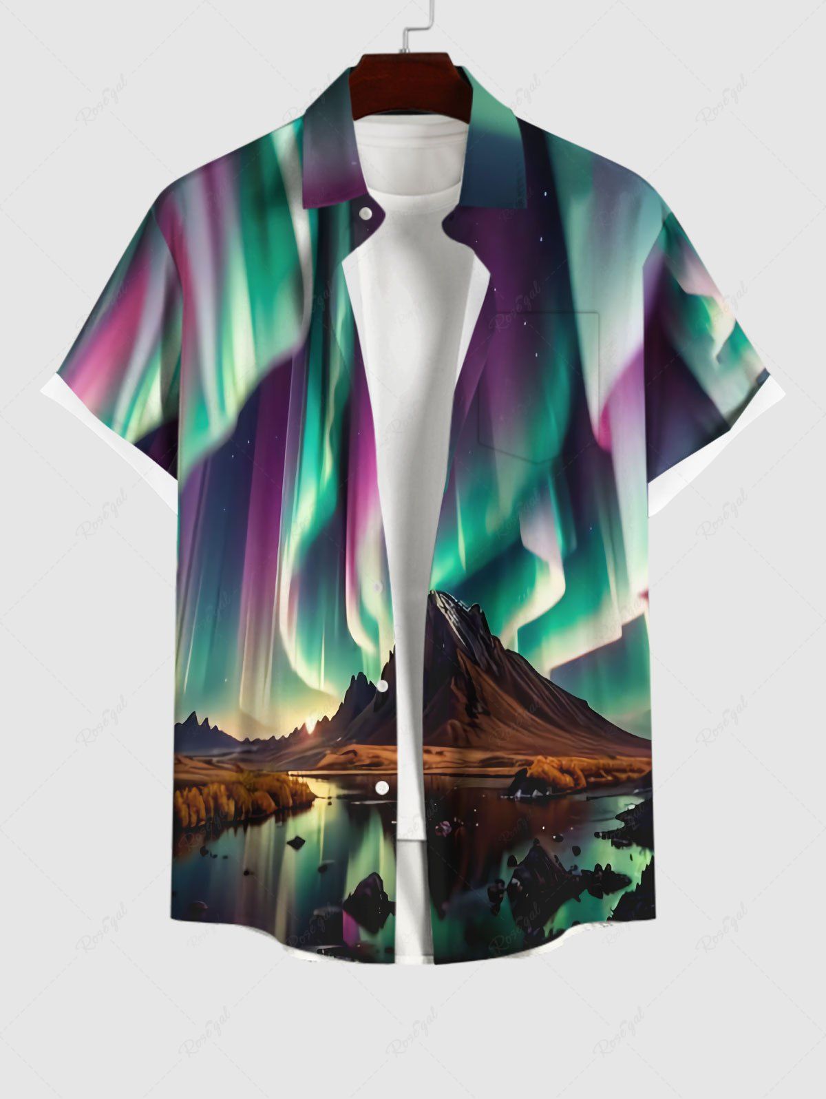 Chemise à Boutons avec Poche et à Imprimé Montagne et Aurore Boréale en Dégradé de Couleurs 3D Grande-Taille pour Hommes Noir L