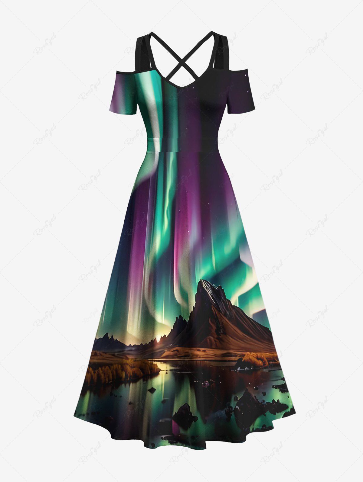Store Plus Size Lake Mountain Ombre Aurora Glitter 3D Print Crisscross Cold Shoulder Dress  